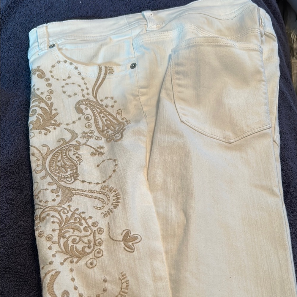White with Gold Embroidered Women Jeans